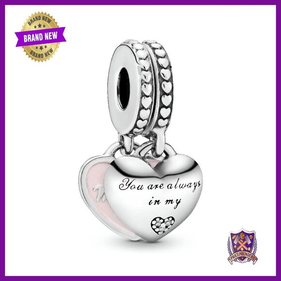 Sterling Silver Heart Charm with Cubic Zirconia and Pink Enamel